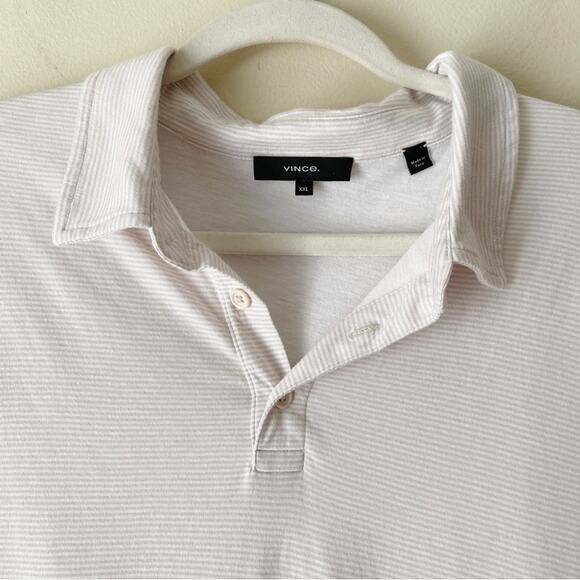 Vince | Men’s Double Layer Polo Shirt Pinstripes Short Sleeves Tan White XXL - Picture 3 of 8
